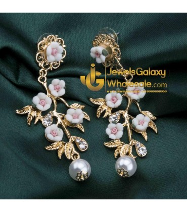 Gold Plated Floral Pink Drop Earrings