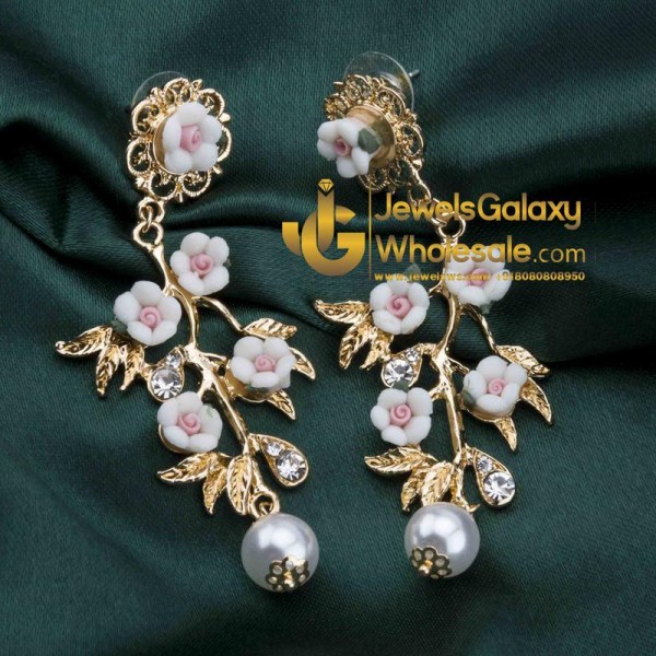 Gold Plated Floral Pink Drop Earrings