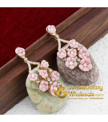Gold Plated Floral Pink Drop Earrings