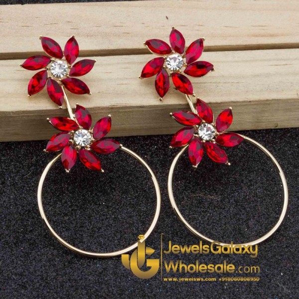 Copper Plated Red Crystal Floral Drop Earrings