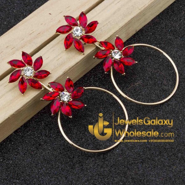 Copper Plated Red Crystal Floral Drop Earrings