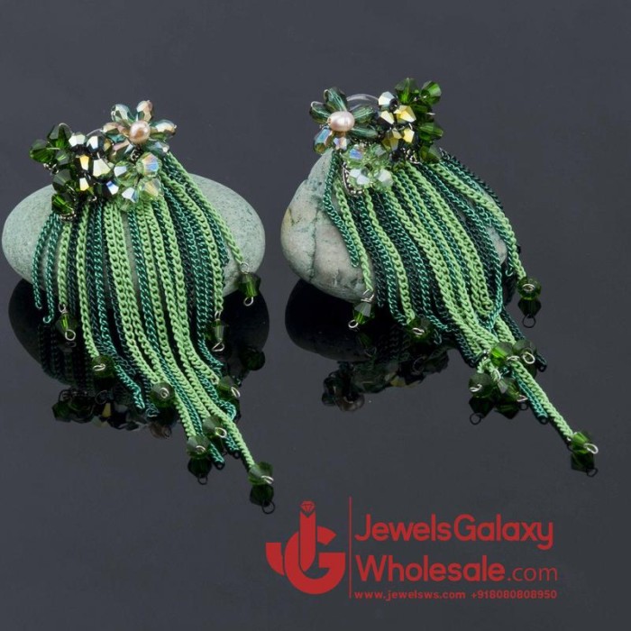 Gold Plated Designer Green Chain Tassel Earrings