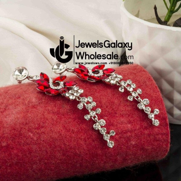 Platinum Plated Designer Red Crystal Drop Earrings