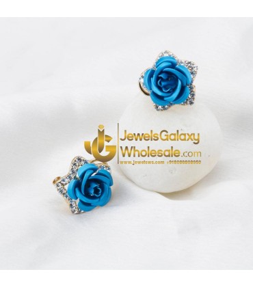 Gold Plated Blue Rose Shaped Earrings