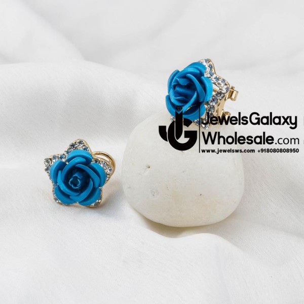 Gold Plated Blue Rose Shaped Earrings