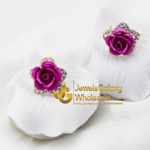 Gold Plated Darker Pink Rose Shaped Earrings