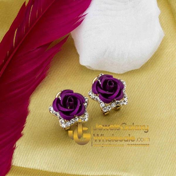 Gold Plated Purple Rose Shaped Earrings