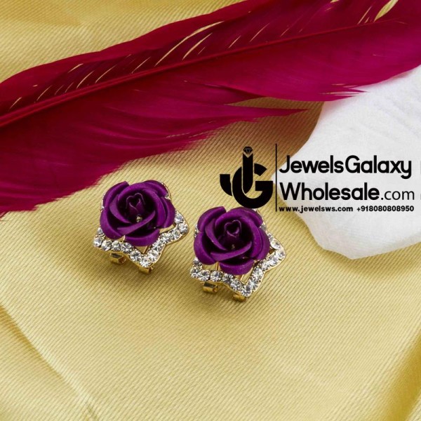 Gold Plated Purple Rose Shaped Earrings