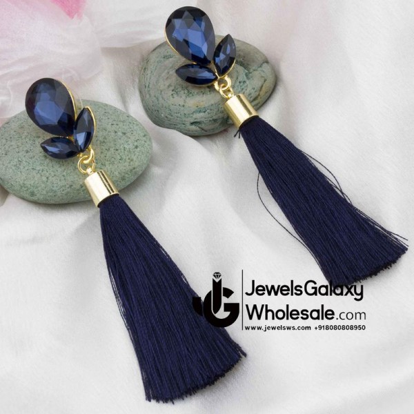 Gold Plated Designer Blue Club Tassel Earrings