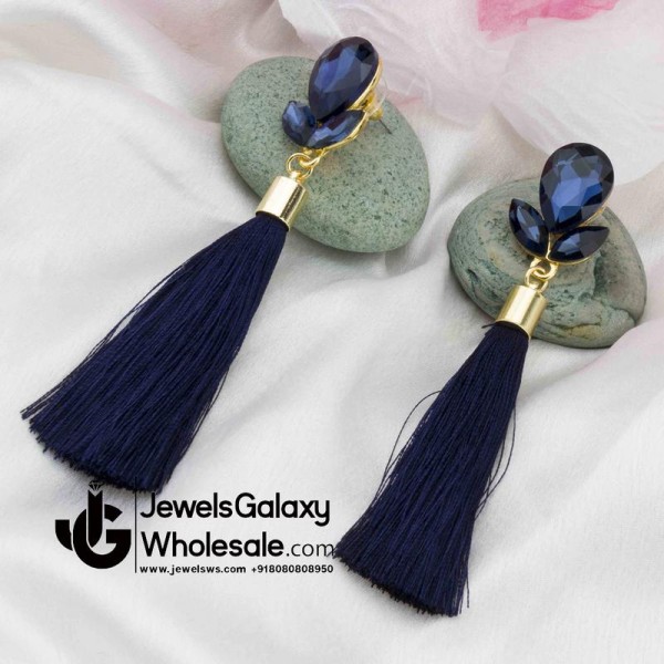 Gold Plated Designer Blue Club Tassel Earrings