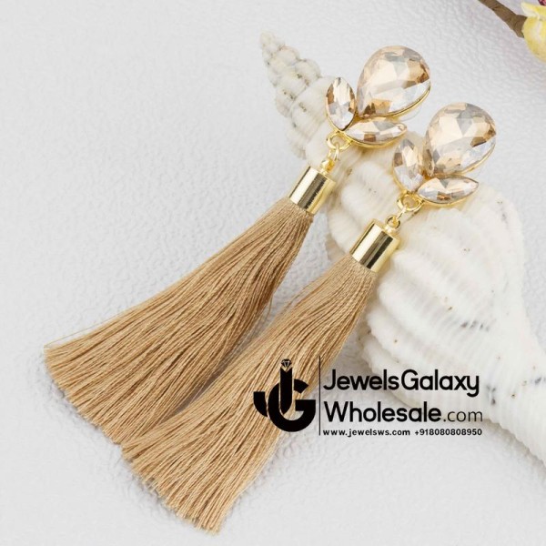 Gold Plated Designer Beige Club Tassel Earrings