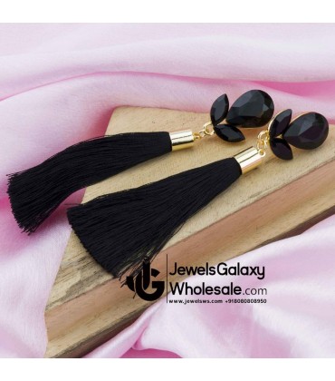 Gold Plated Designer Black Club Tassel Earrings