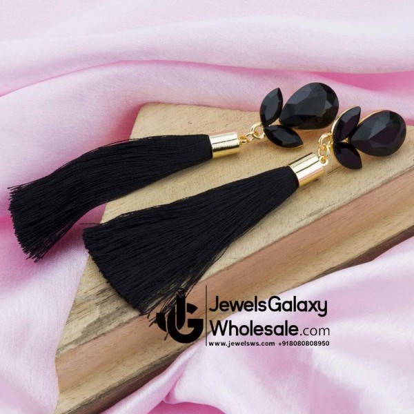 Gold Plated Designer Black Club Tassel Earrings