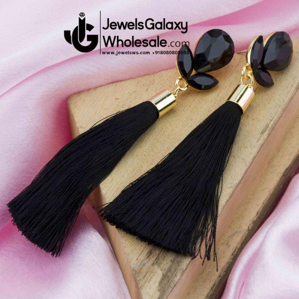 Gold Plated Designer Black Club Tassel Earrings