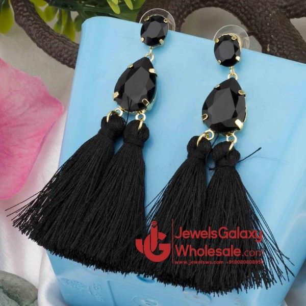 Gold Plated Handcrafted Dual Stone Black Tassel Earrings
