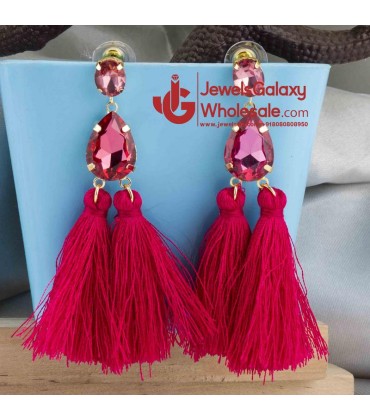 Gold Plated Handcrafted Dual Stone Pink Tassel Earrings