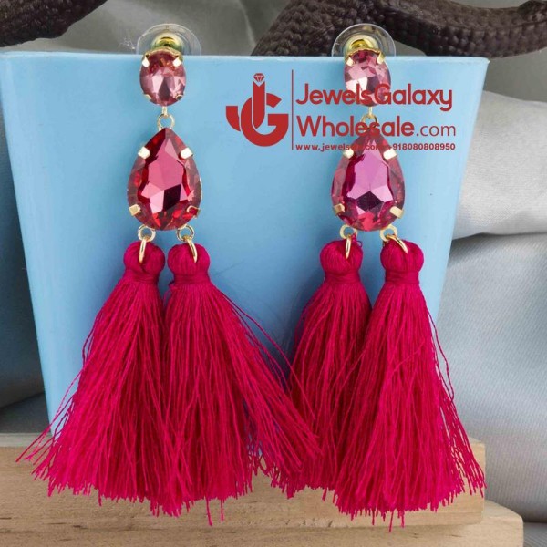 Gold Plated Handcrafted Dual Stone Pink Tassel Earrings