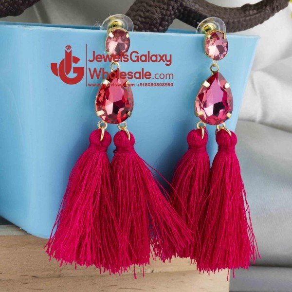 Gold Plated Handcrafted Dual Stone Pink Tassel Earrings
