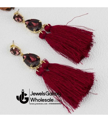 Gold Plated Handcrafted Dual Stone Magenta Tassel Earrings