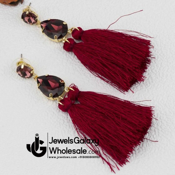 Gold Plated Handcrafted Dual Stone Magenta Tassel Earrings