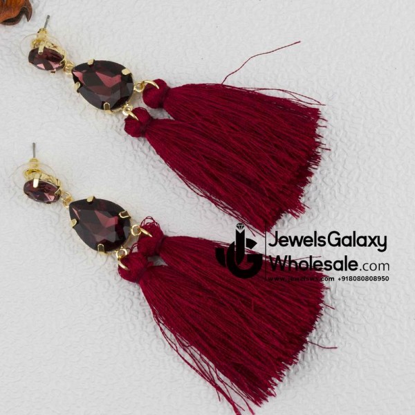 Gold Plated Handcrafted Dual Stone Magenta Tassel Earrings