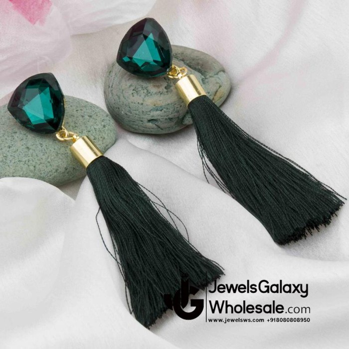 Gold Plated Designer Green Geometrical Tassel Earrings