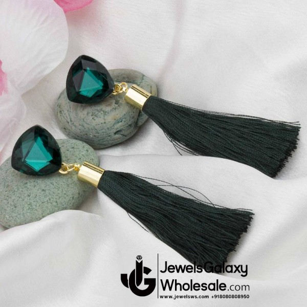 Gold Plated Designer Green Geometrical Tassel Earrings