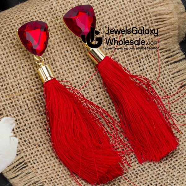 Gold Plated Designer Red Geometrical Tassel Earrings