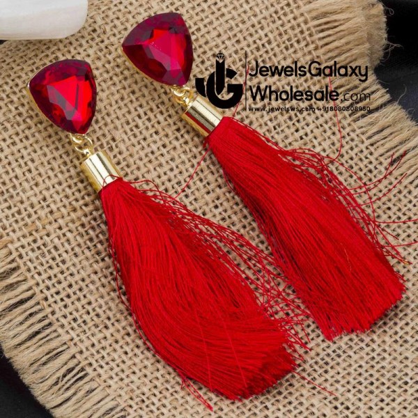 Gold Plated Designer Red Geometrical Tassel Earrings