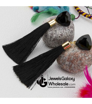 Gold Plated Designer Black Geometrical Tassel Earrings