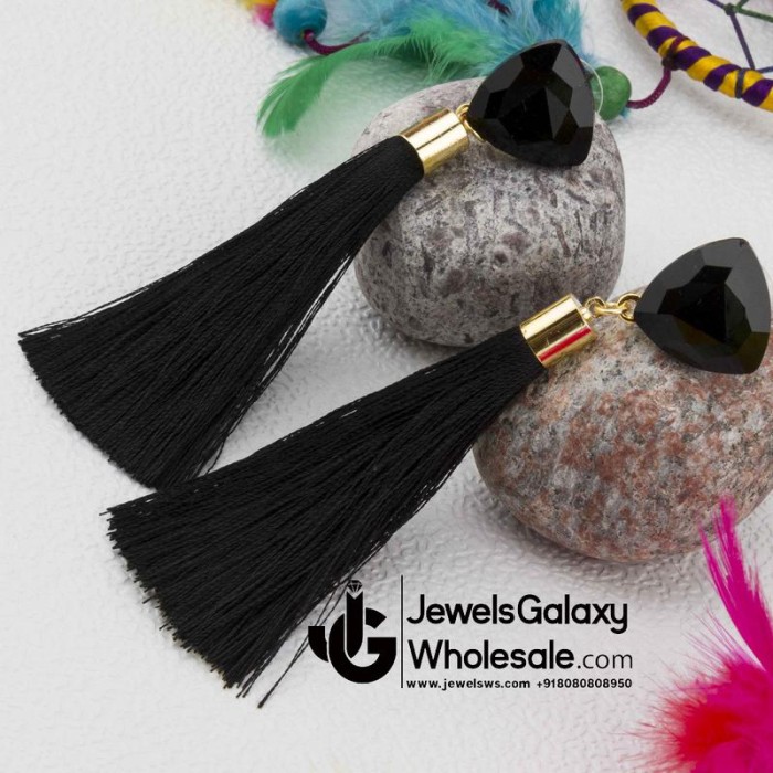 Gold Plated Designer Black Geometrical Tassel Earrings