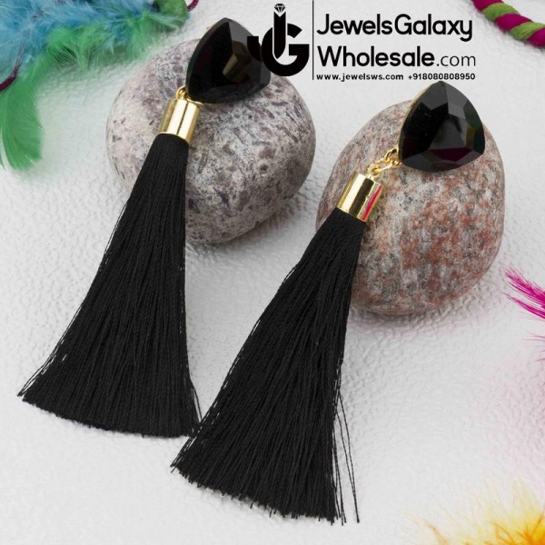 Gold Plated Designer Black Geometrical Tassel Earrings