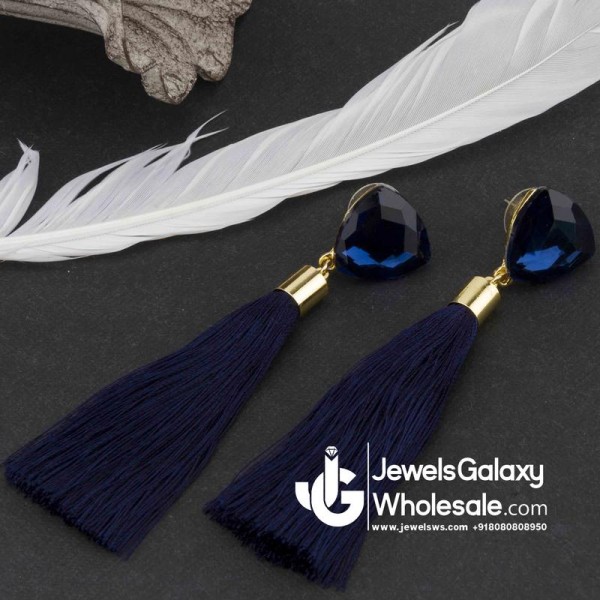 Gold Plated Designer Blue Geometrical Tassel Earrings