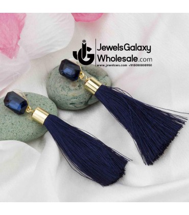 Gold Plated Designer Blue Geometrical Tassel Earrings