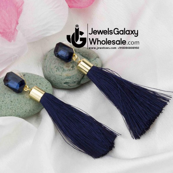 Gold Plated Designer Blue Geometrical Tassel Earrings