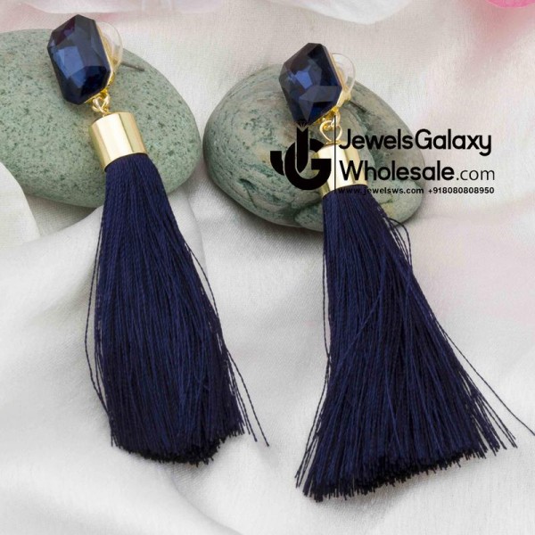 Gold Plated Designer Blue Geometrical Tassel Earrings