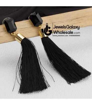 Gold Plated Designer Black Geometrical Tassel Earrings