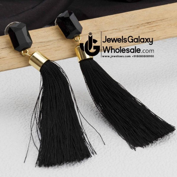 Gold Plated Designer Black Geometrical Tassel Earrings