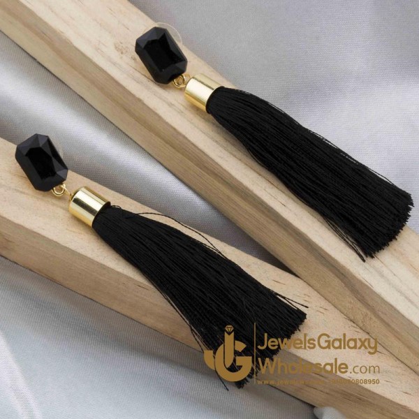 Gold Plated Designer Black Geometrical Tassel Earrings