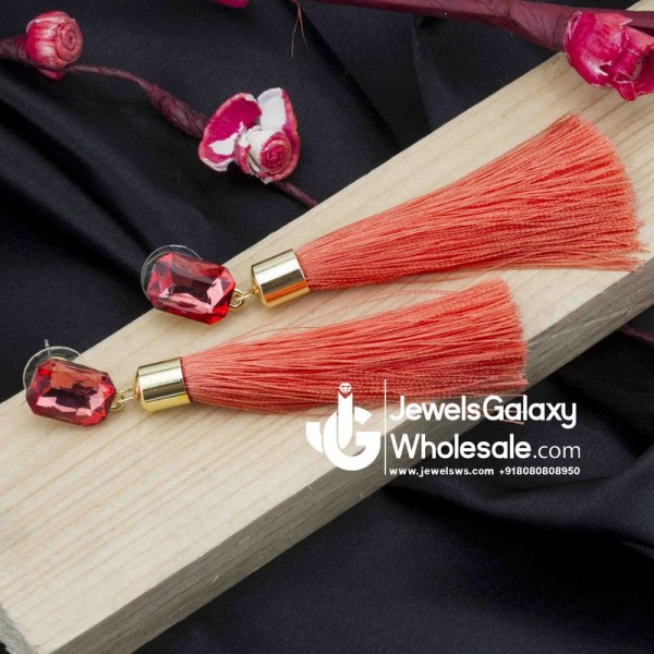 Gold Plated Designer Saffron Geometrical Tassel Earrings