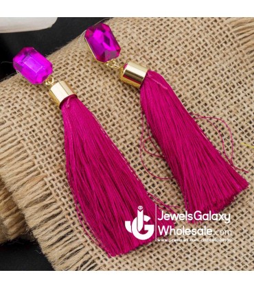 Gold Plated Designer Pink Geometrical Tassel Earrings