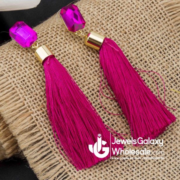 Gold Plated Designer Pink Geometrical Tassel Earrings