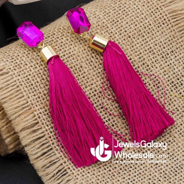 Gold Plated Designer Pink Geometrical Tassel Earrings