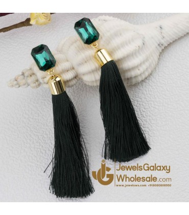 Gold Plated Designer Green Geometrical Tassel Earrings