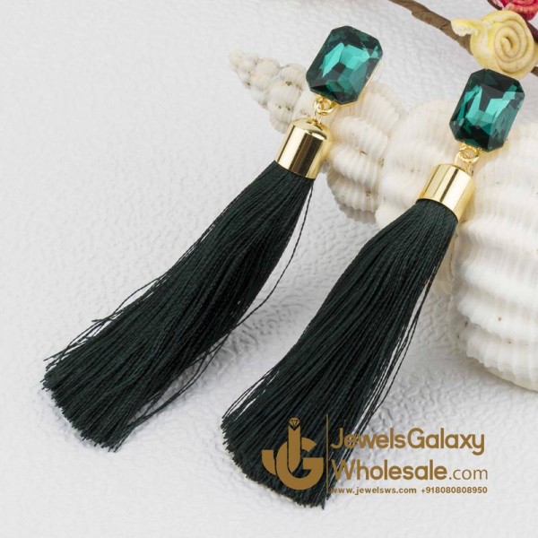 Gold Plated Designer Green Geometrical Tassel Earrings