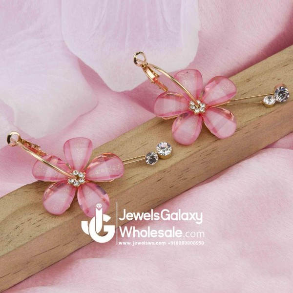 Gold Plated Floral Light Pink Drop Earrings