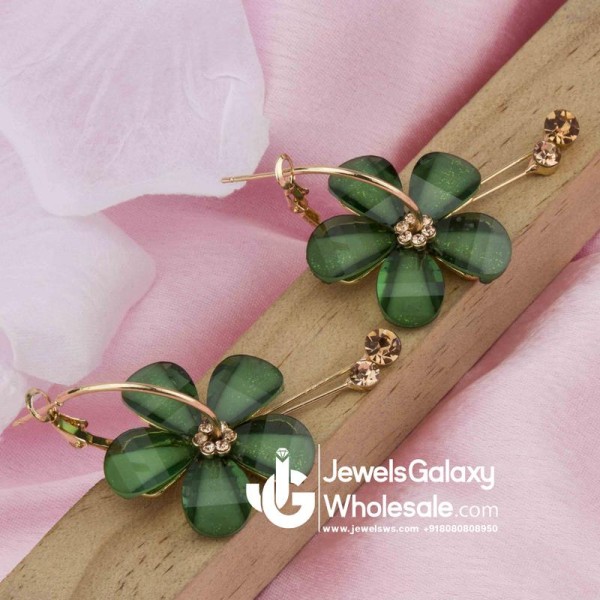 Gold Plated Floral Green Drop Earrings