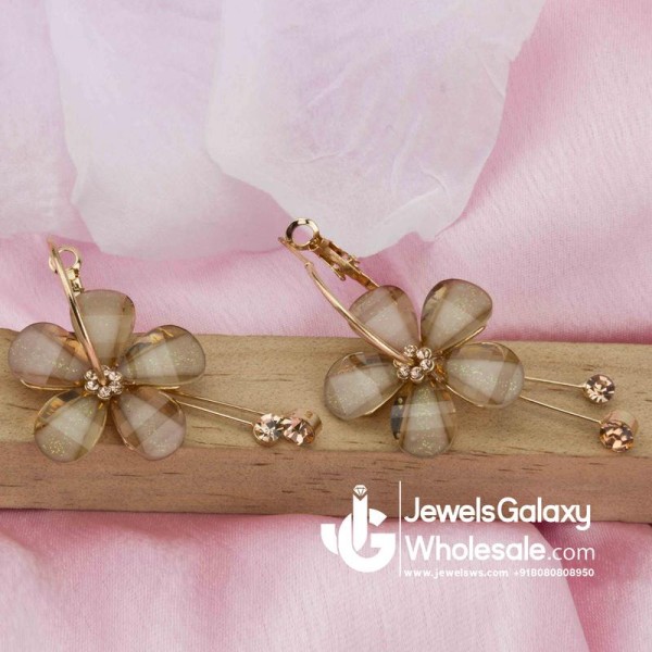 Gold Plated Floral Light Brown Drop Earrings