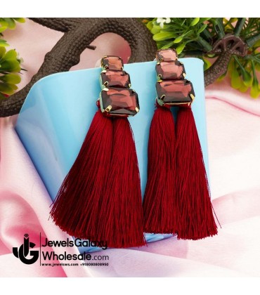 Gold Plated Magenta Crystal Tassel Earrings