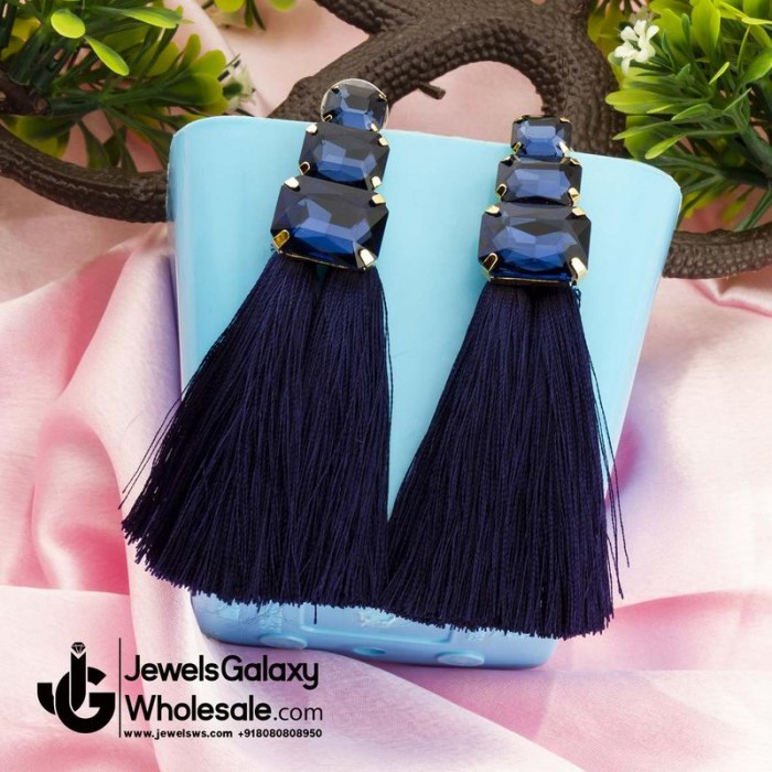 Gold Plated Navy Blue Crystal Tassel Earrings